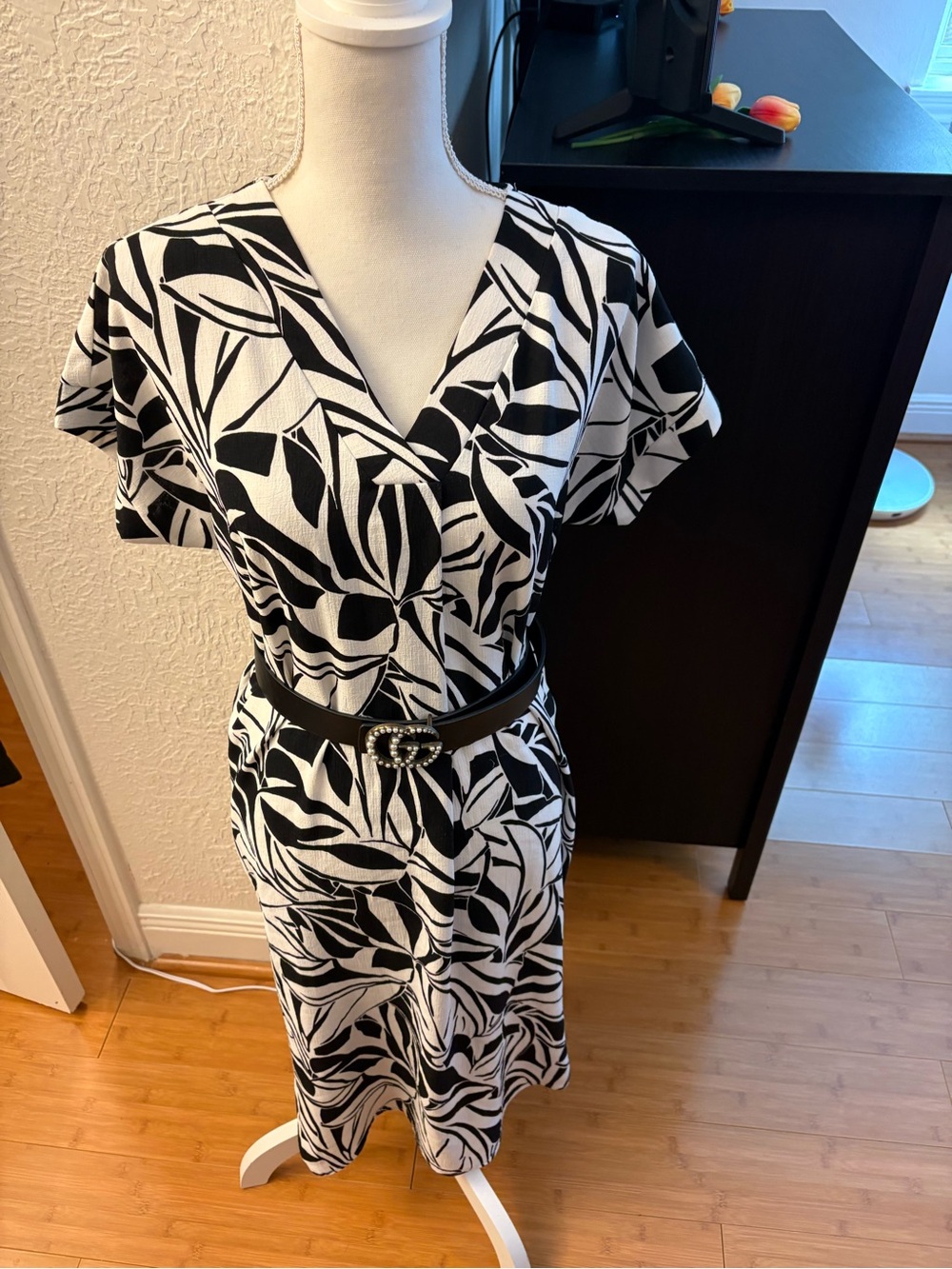 Fred David Black and White Leaf-Print Midi Dress